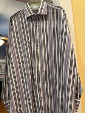 Thomas Dean Striped Dress Shirt — Black, White, Purple, Blue